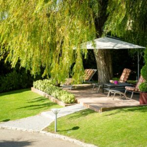 terrasse de jardin - bois, pierre, dallage, béton - Ameline Arbora Paysagiste Dinan Bretagne