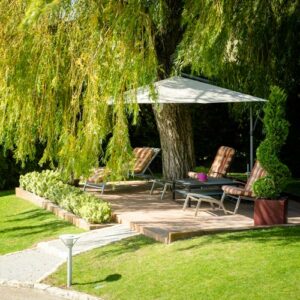 terrasse de jardin - bois, pierre, dallage, béton - Ameline Arbora Paysagiste Dinan Bretagne